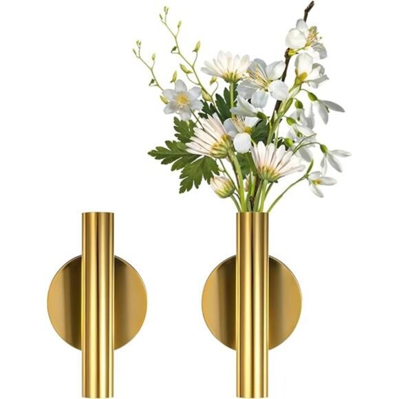 NEW 2 PCS Wall Vases for Flowers, Gold Flower Vase Metal Hanging Plant Holder - Picture 8 of 8